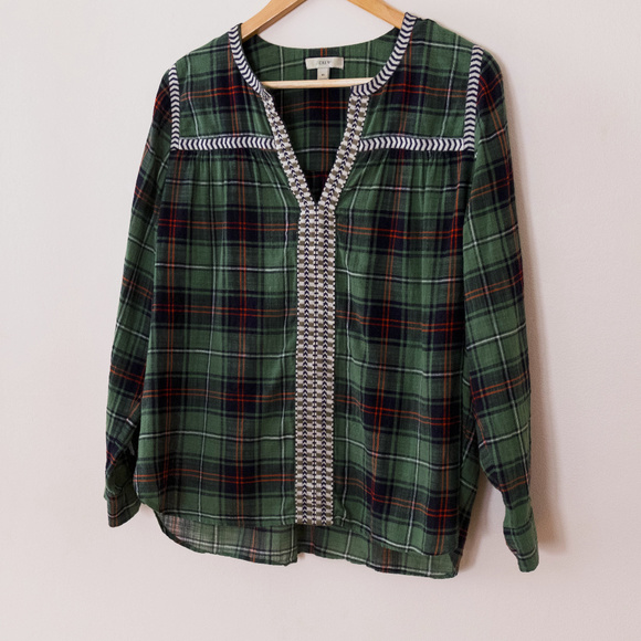 J. Crew Embroidered Peasant Top in Green Plaid - Picture 2 of 7